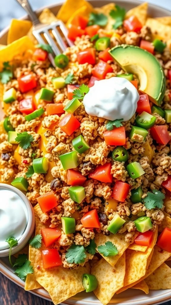 Loaded Turkey Nachos Recipe Loaded turkey nachos with cheese, turkey, tomatoes, jalapeños, and avocado on a platter.
